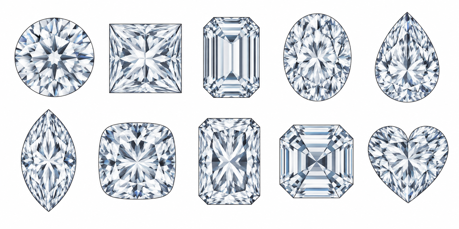 Montage of modern diamond cuts including round, princess, emerald, oval, pear, marquise, cushion, radiant, Asscher and heart shapes