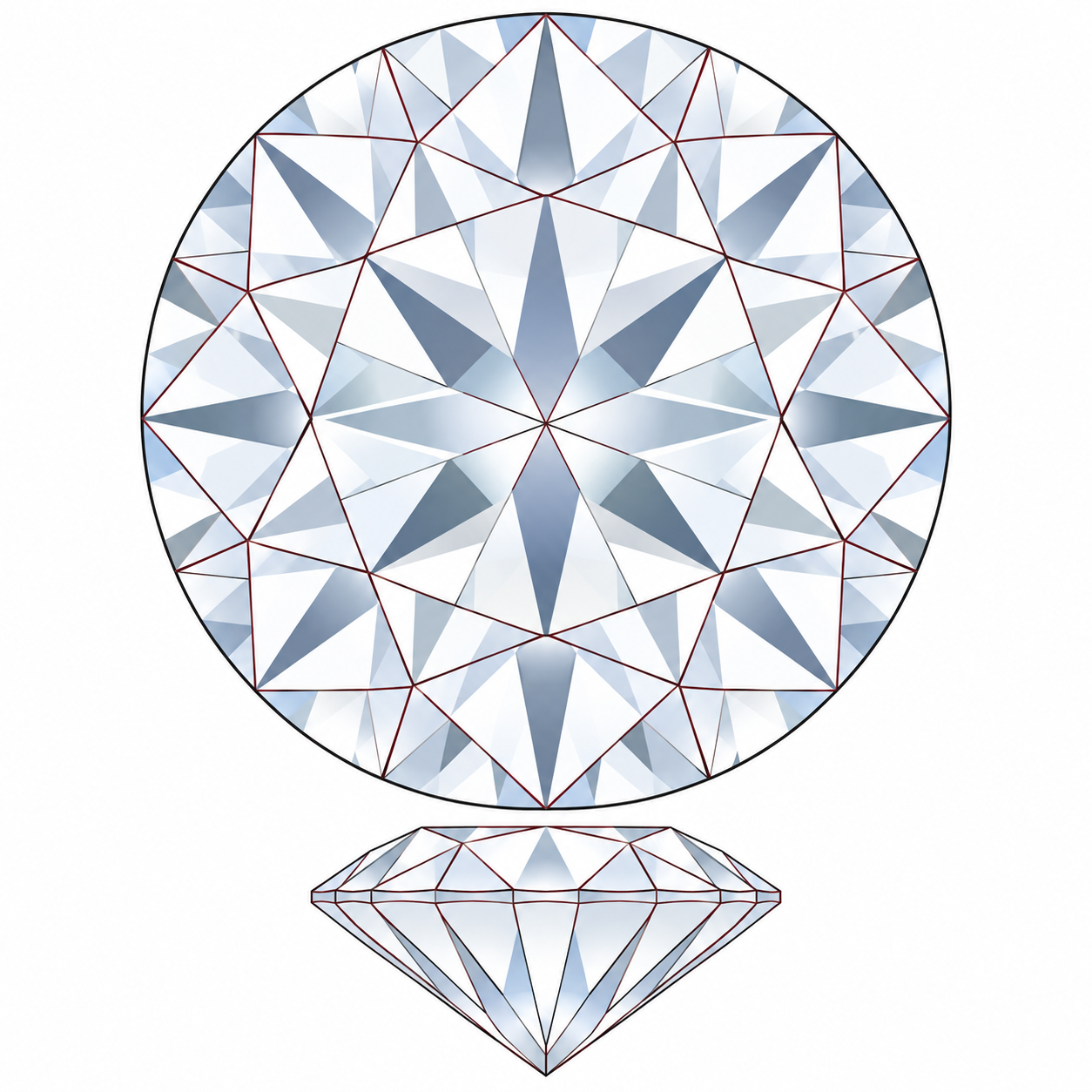 Diagram of a Tolkowsky-style round brilliant diamond showing face-up facets and side profile