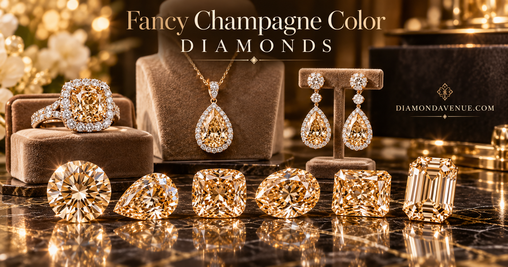 Champagne diamond montage featuring warm brown, golden-brown and yellowish brown diamonds and jewelry