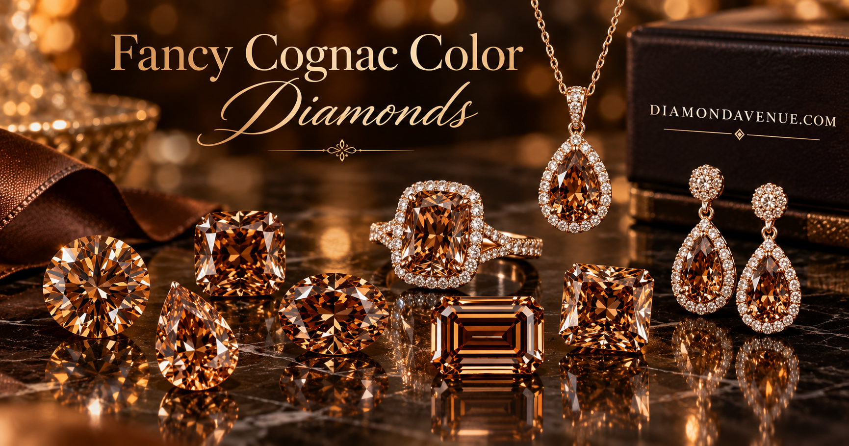 Cognac diamond montage featuring rich brown, orangy brown and reddish brown diamonds and jewelry