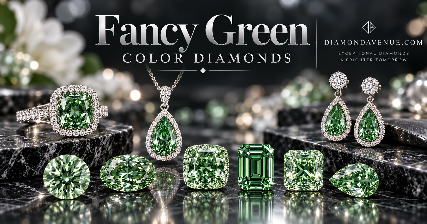 Montage of natural fancy green diamonds showing different green colors, intensities and secondary hues