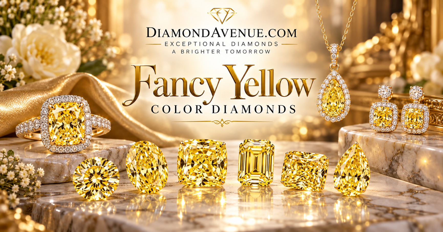 Montage of natural fancy yellow diamonds showing different yellow colors, intensities and secondary hues