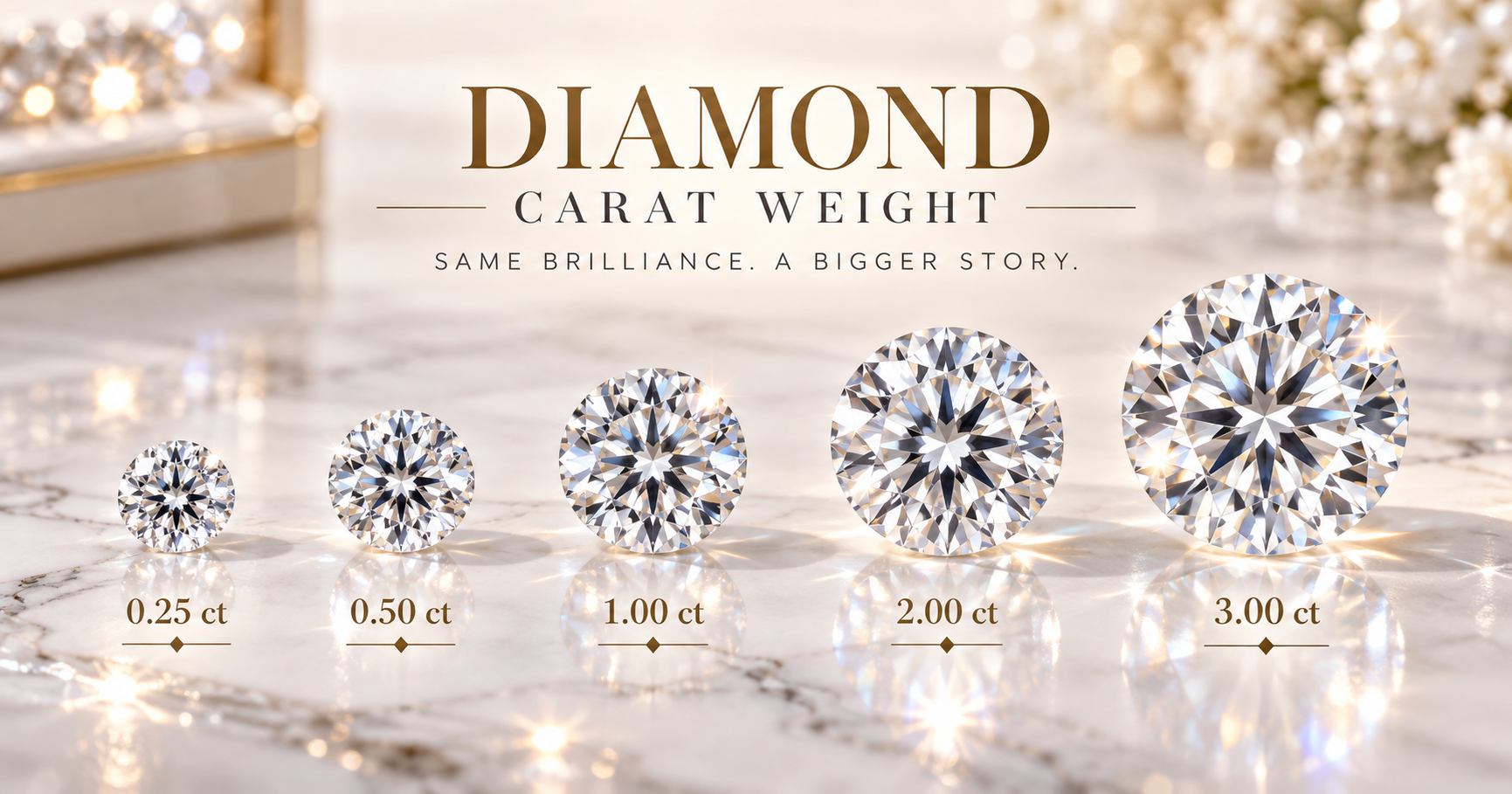 Diamond carat weight comparison showing diamonds of different carat weights