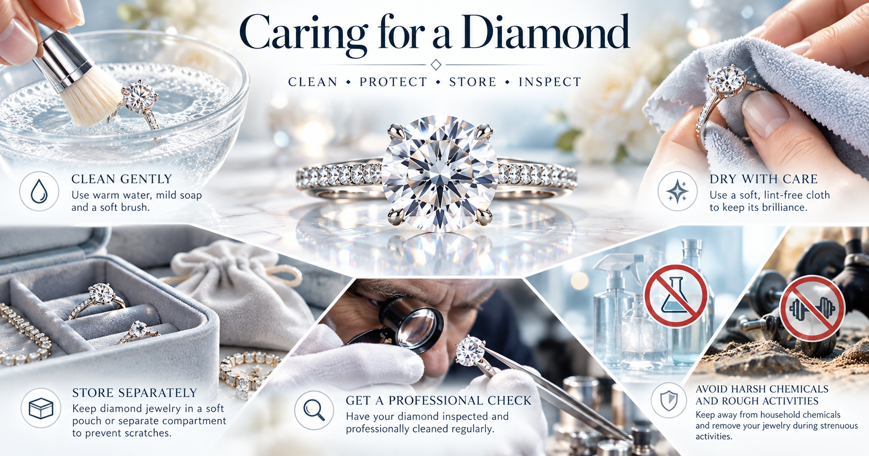 Diamond care montage showing cleaning, drying, storage, inspection and protection of diamond jewelry
