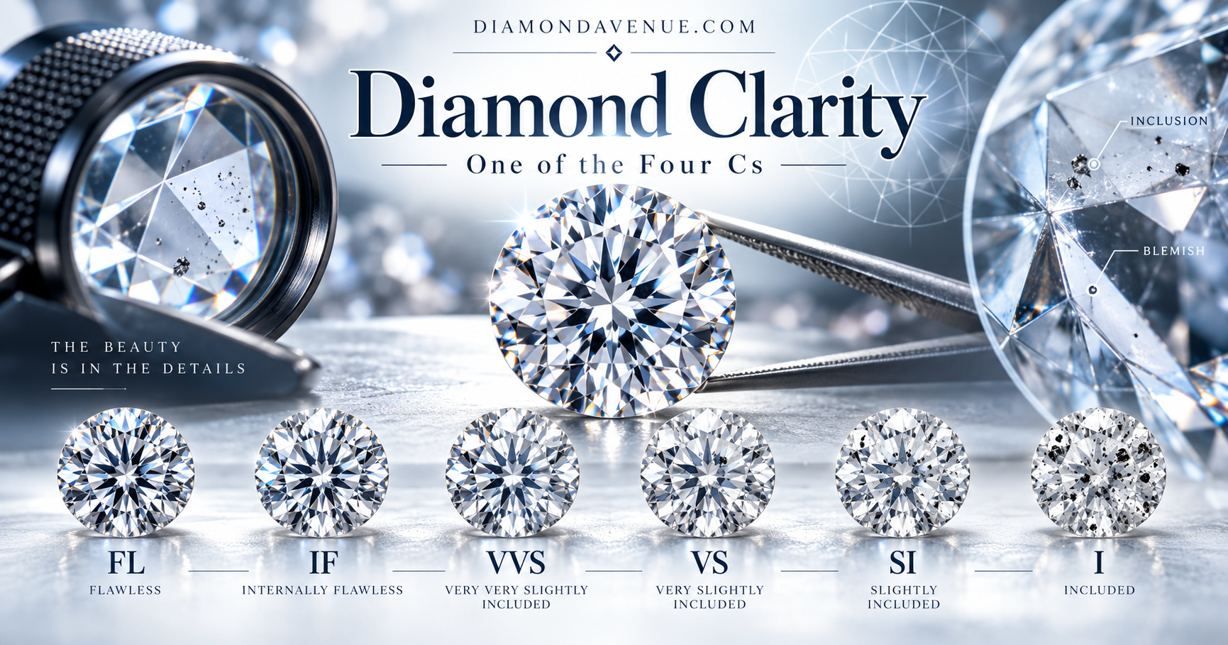 Diamond clarity montage showing clarity grades, inclusions, blemishes and diamond inspection