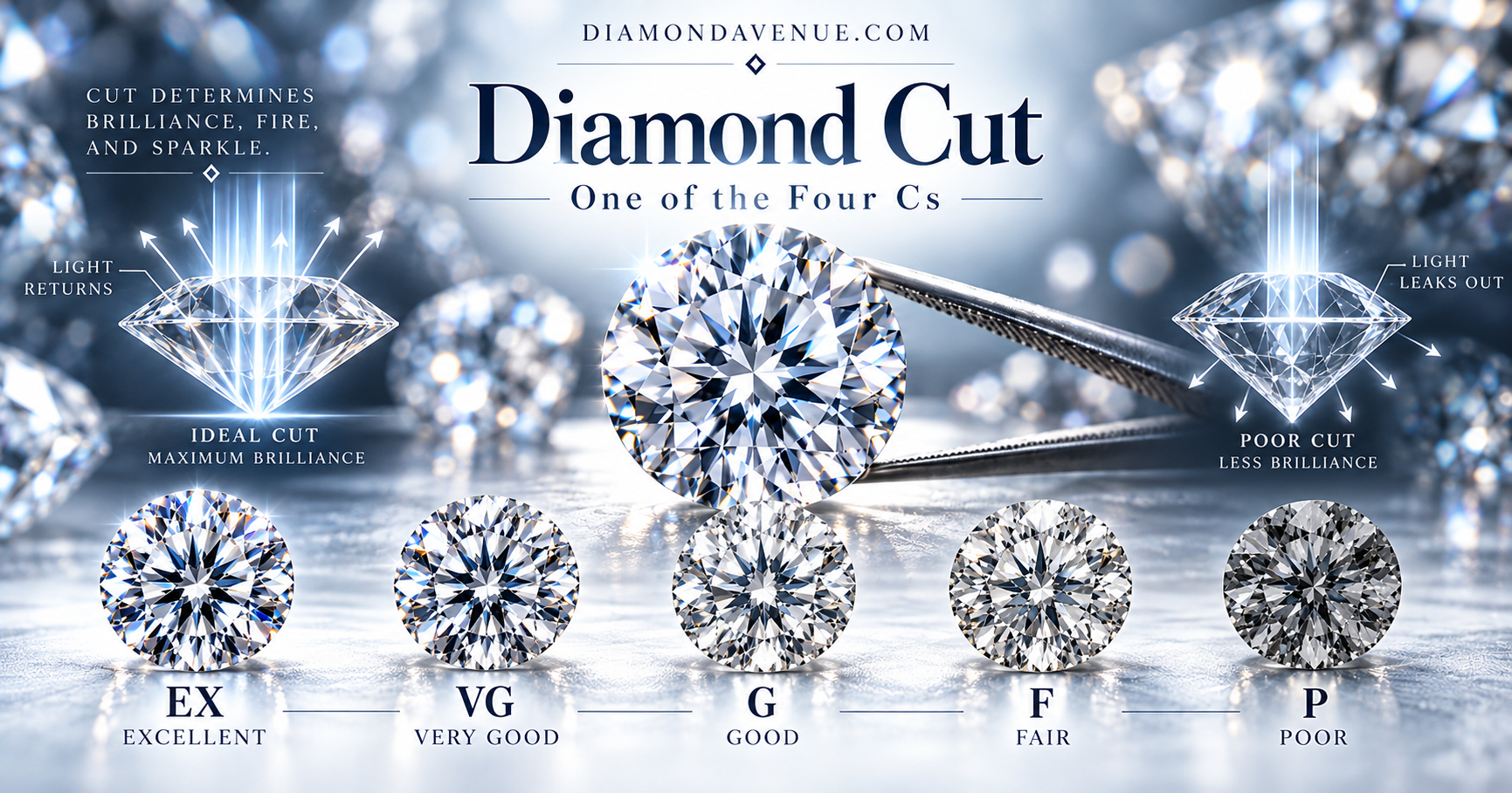 Diamond cut montage showing cut grades, proportions, brilliance, fire and light performance