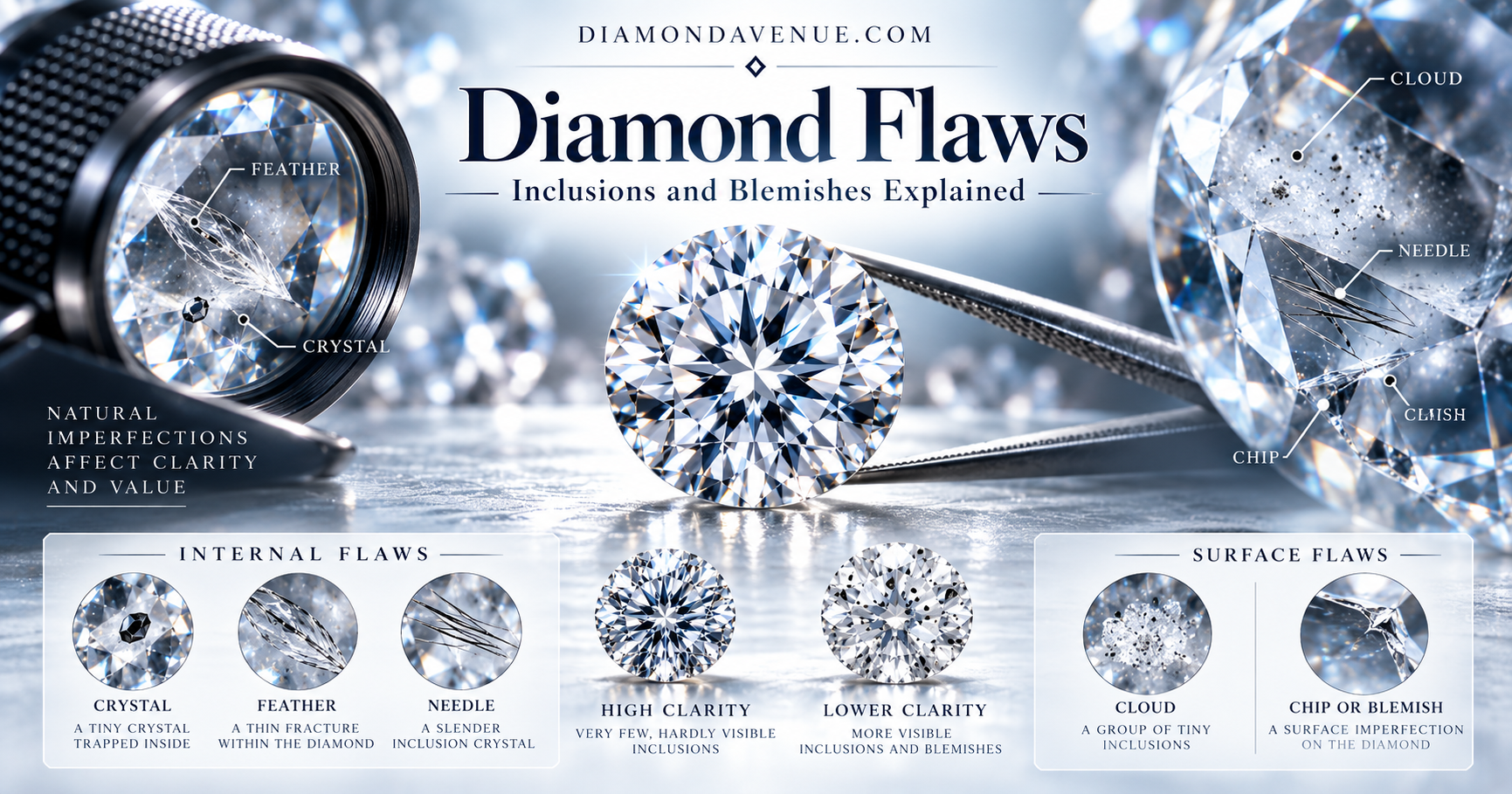 Diamond flaws montage showing inclusions, blemishes, feathers, clouds, crystals, needles and chips