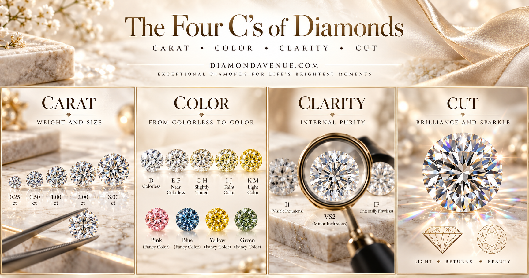 Diamond facts montage illustrating carat, color, clarity and cut