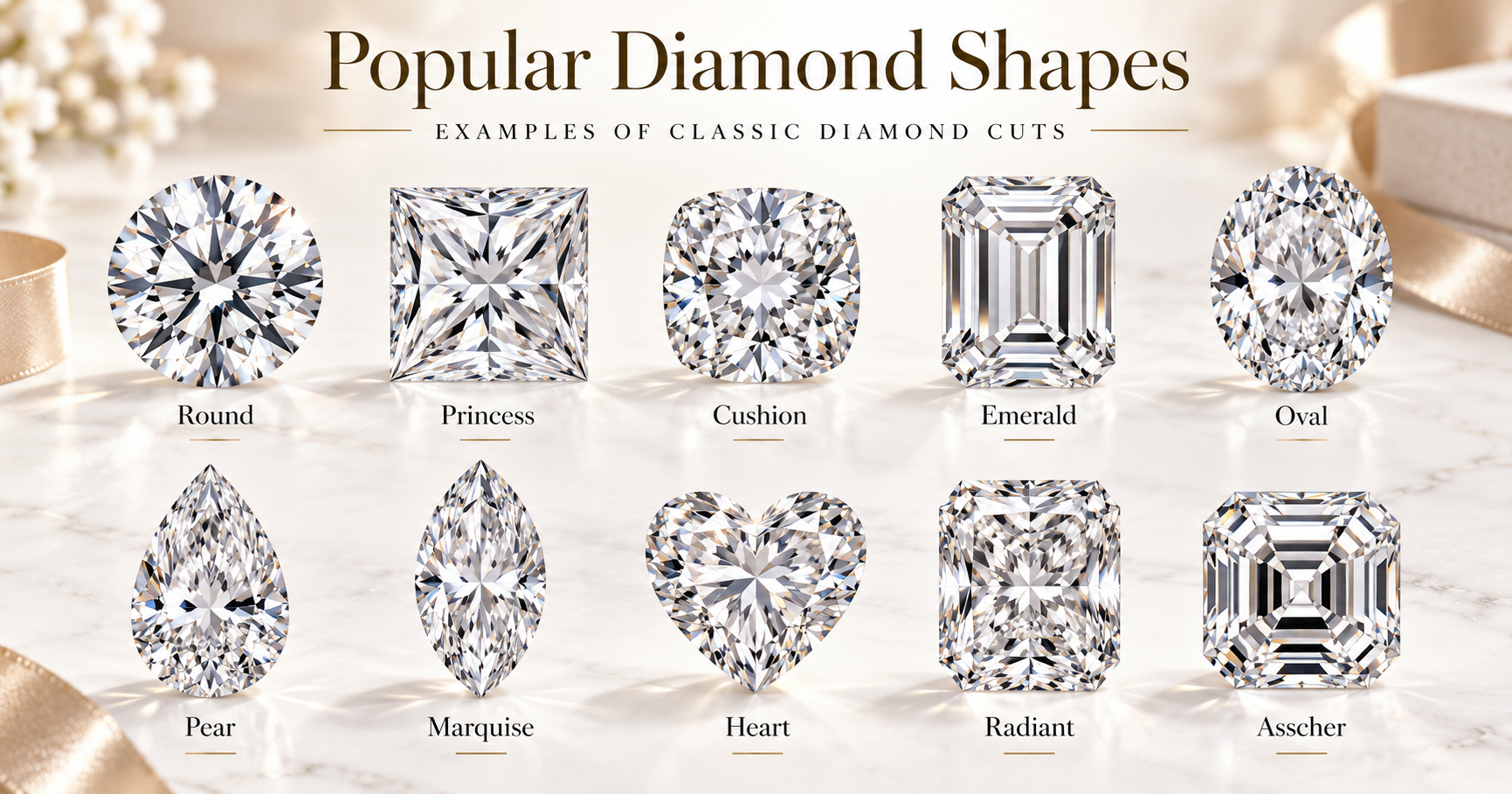 Montage showing round, princess, cushion, emerald, oval, pear, marquise, heart, radiant and Asscher diamond shapes