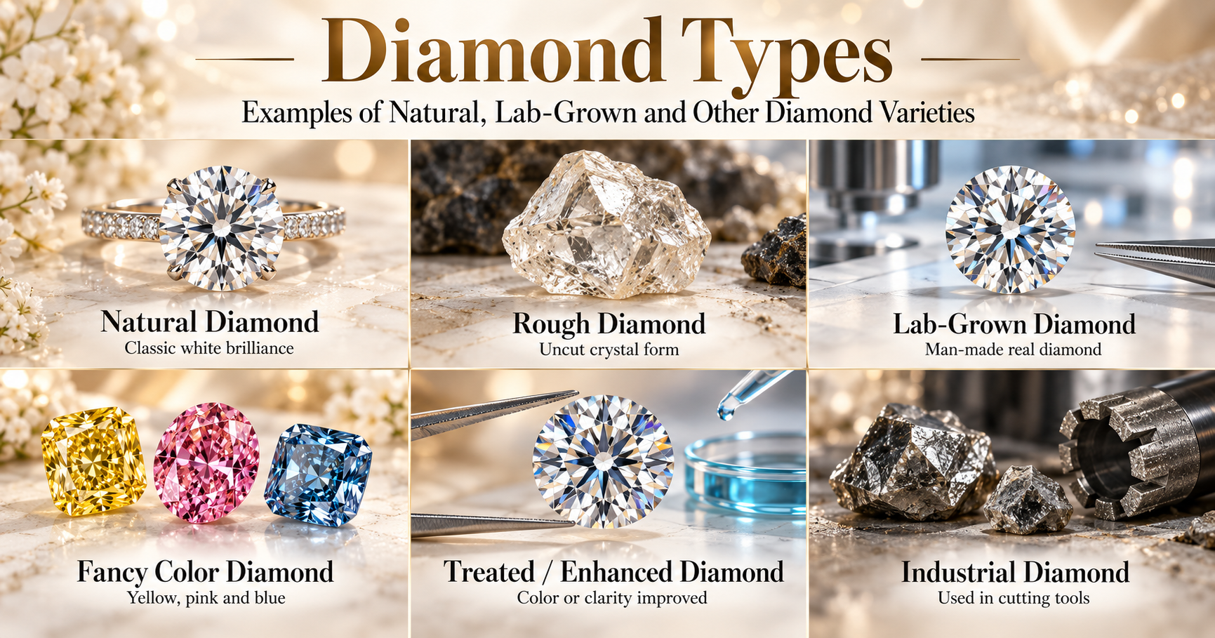 Montage showing natural, rough, lab-grown, fancy color, treated and industrial diamonds