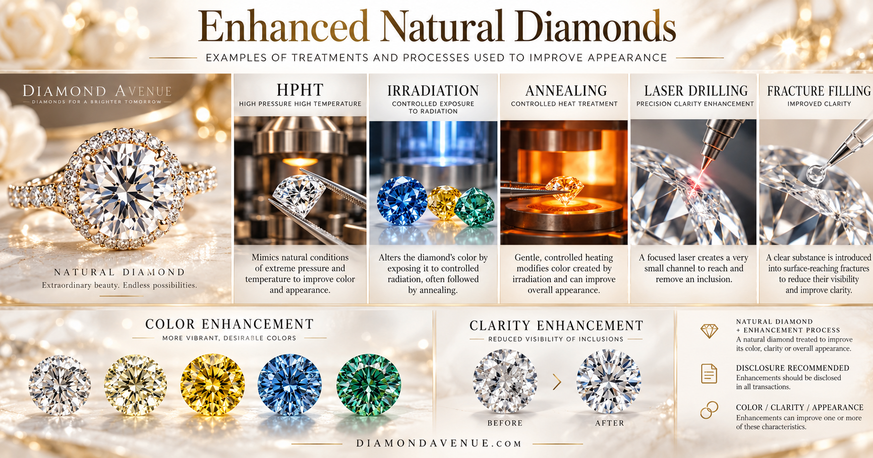 Enhanced natural diamonds showing HPHT treatment, irradiation, annealing, laser drilling and fracture filling