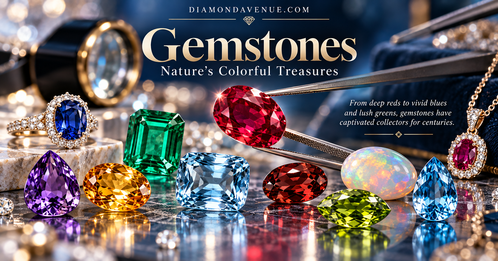 Gemstone montage featuring ruby, sapphire, emerald, amethyst, aquamarine, opal and other colored gemstones